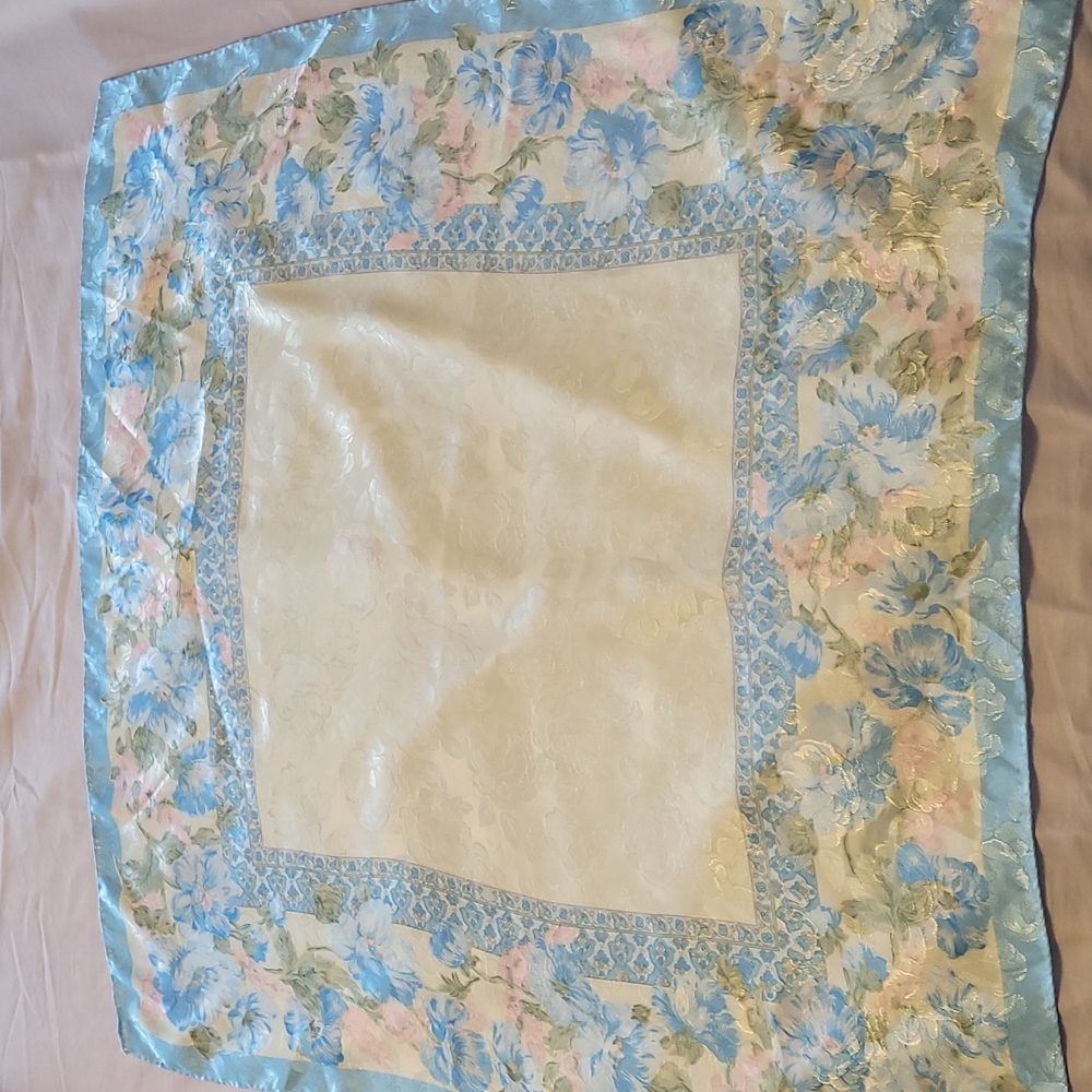 Scarf unsigned Floral pink, blue and cream Rolled handstitched edges. Vintage